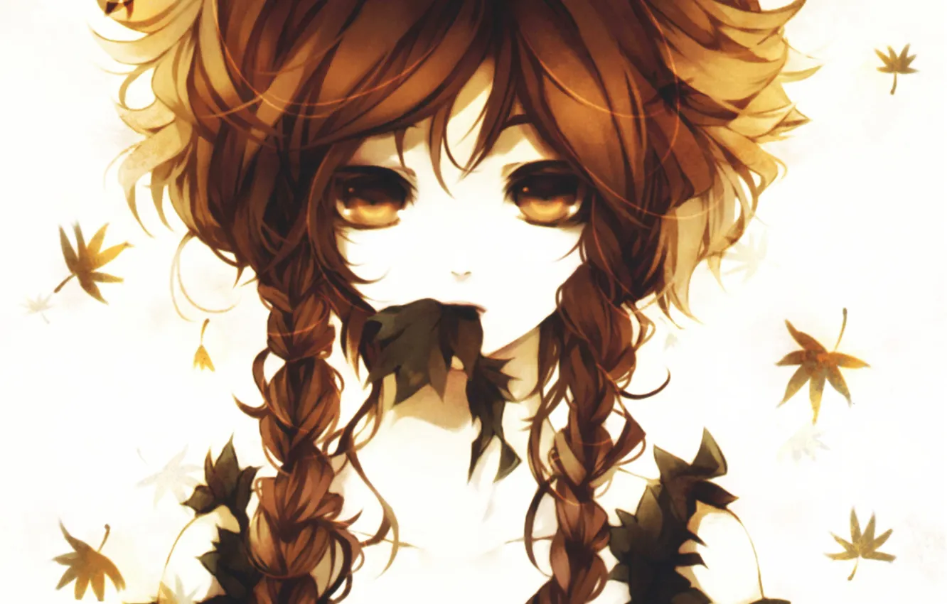Photo wallpaper leaves, girl, anime, art, braids, Aoshiki