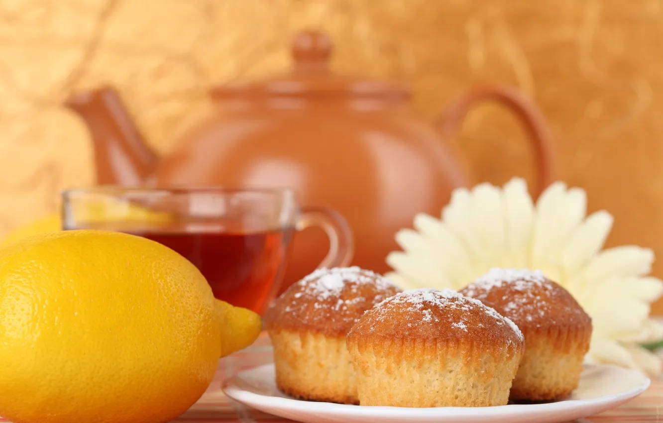 Photo wallpaper flowers, lemon, tea, kettle, cupcakes