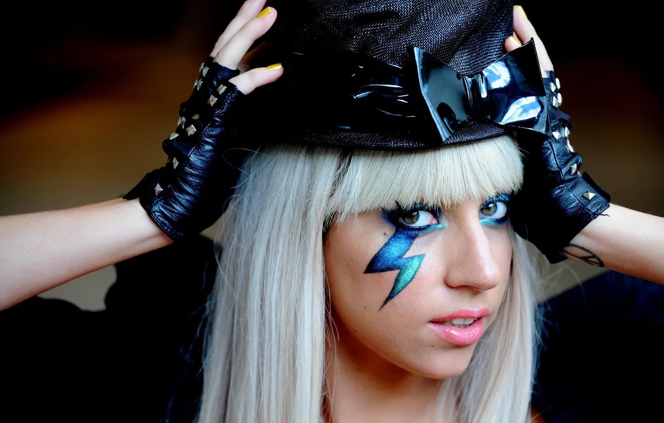 Photo wallpaper eyes, face, hat, makeup, Lady Gaga