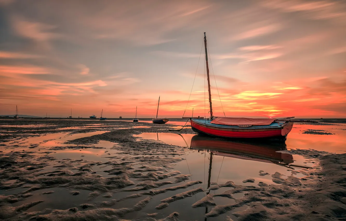 Photo wallpaper sea, the sky, clouds, shore, boat, the evening, tide