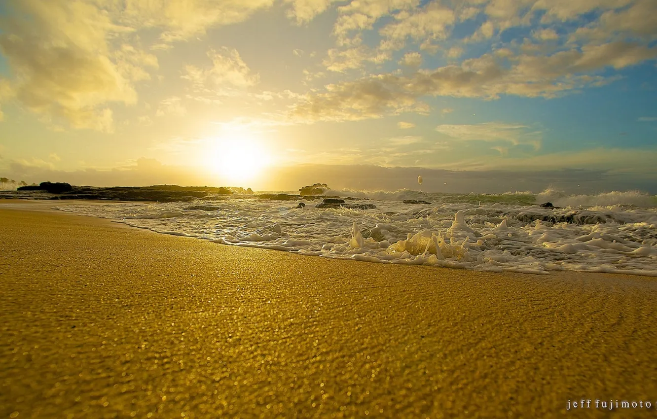 Photo wallpaper sand, sea, wave, sunset, shore