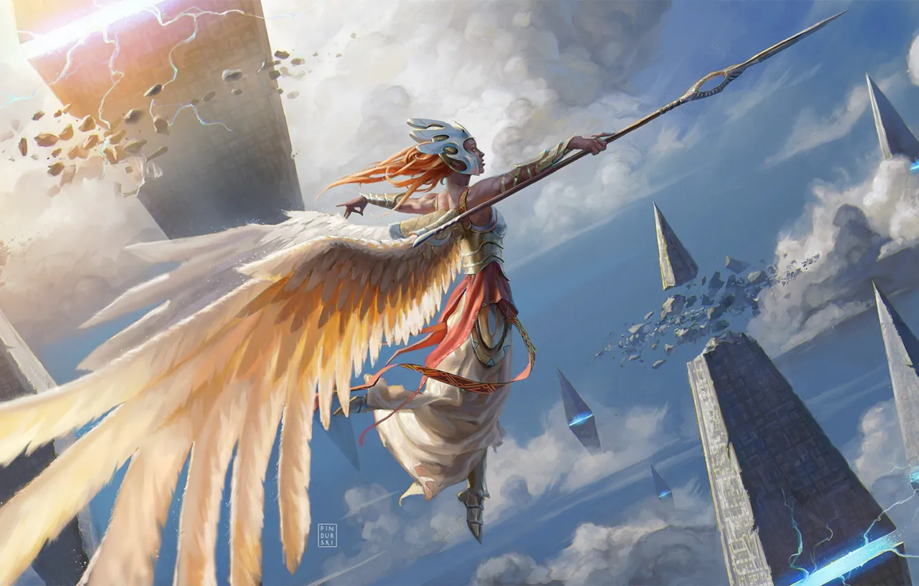 Photo wallpaper magic, armor, mask, pyramid, red, spear, Valkyrie, in the sky