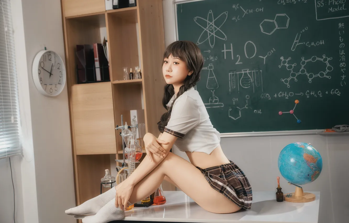 Photo wallpaper girl, schoolgirl, legs, Asian, globe