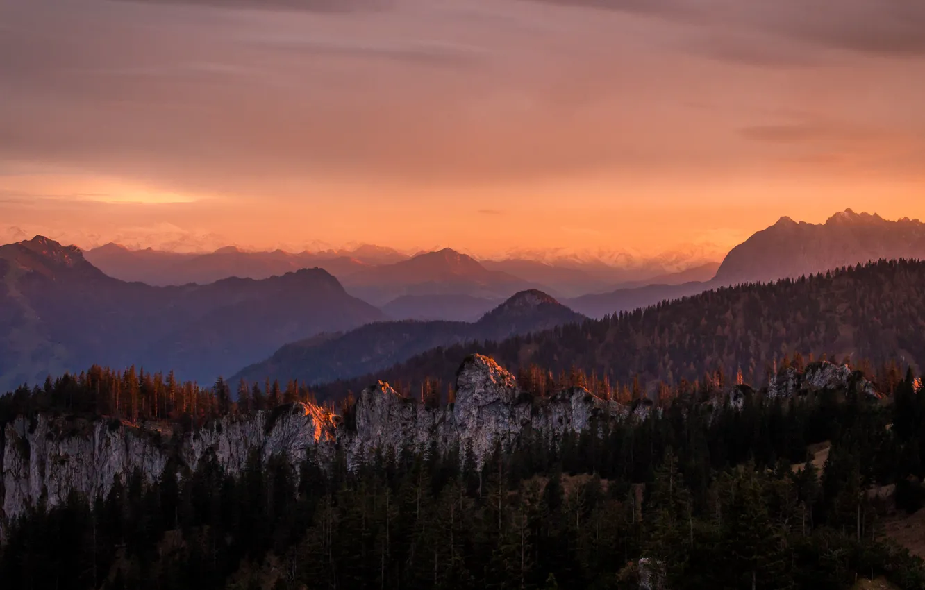 Photo wallpaper the sky, clouds, mountains, horizon, silhouette, twilight