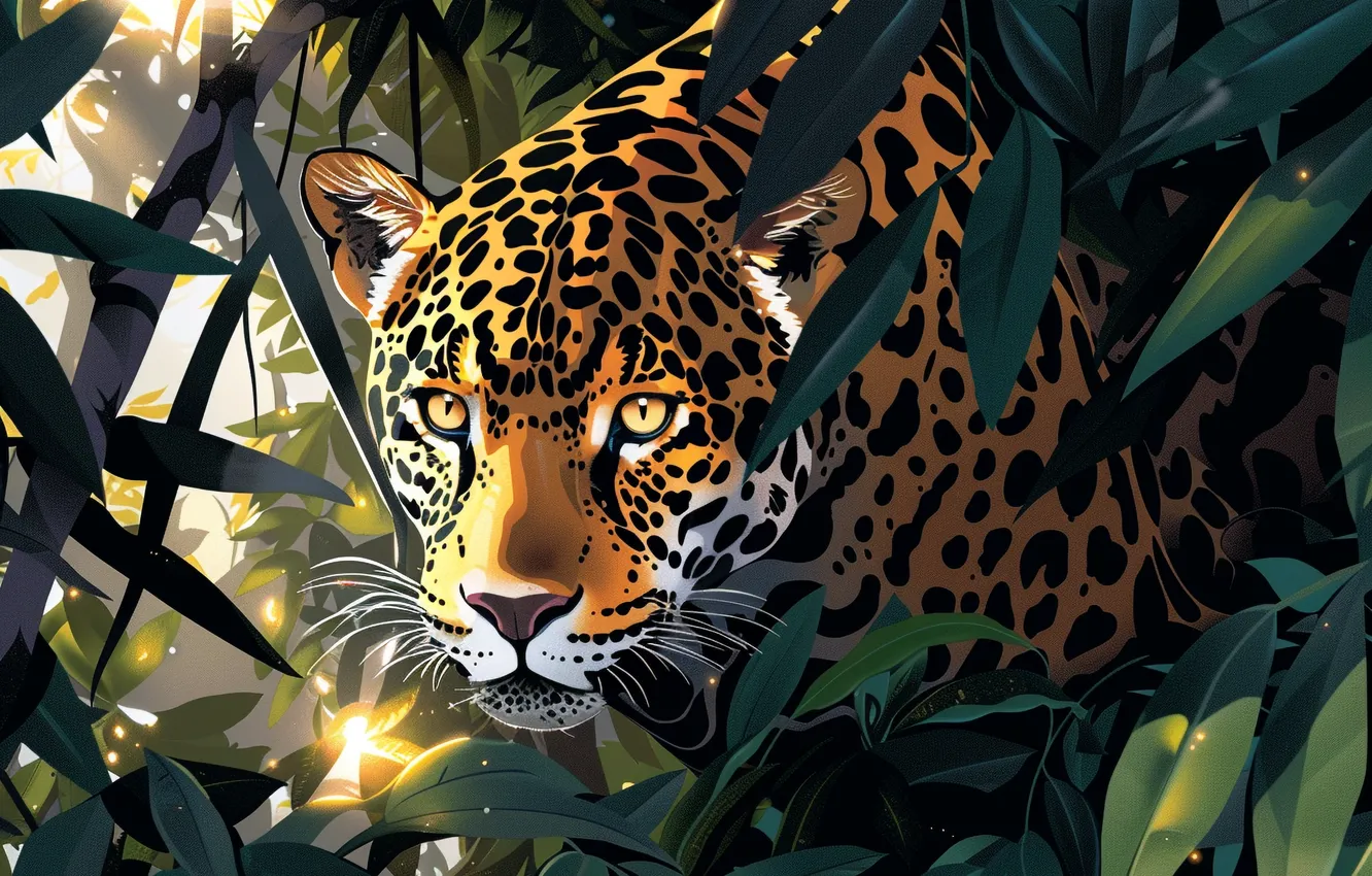 Photo wallpaper look, face, leaves, predator, Jaguar, big cat, closeup, digital art