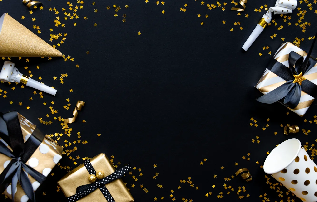 Photo wallpaper background, gift, black, stars, confetti, Christmas, Diliana Nikolova