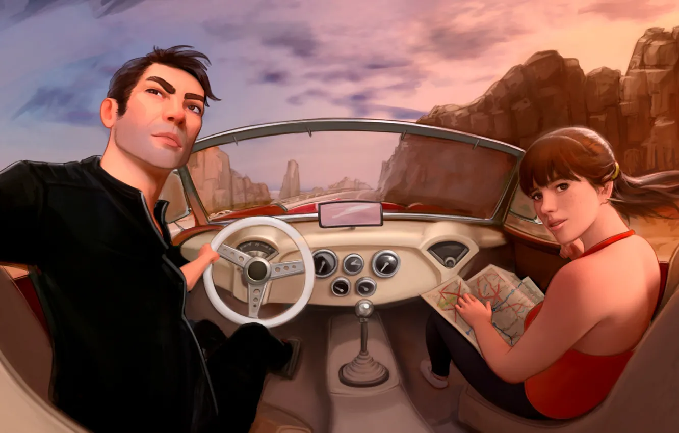 Photo wallpaper road, machine, mountains, rocks, woman, art, male, 360