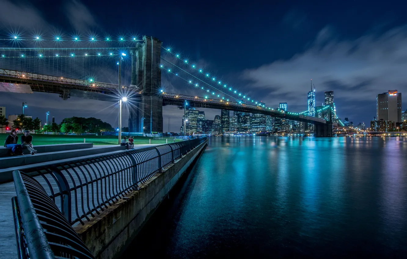 Photo wallpaper night, bridge, lights, New York, Brooklyn