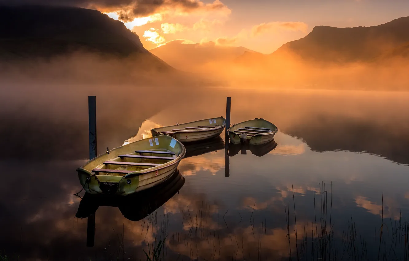 Photo wallpaper sunset, lake, boats