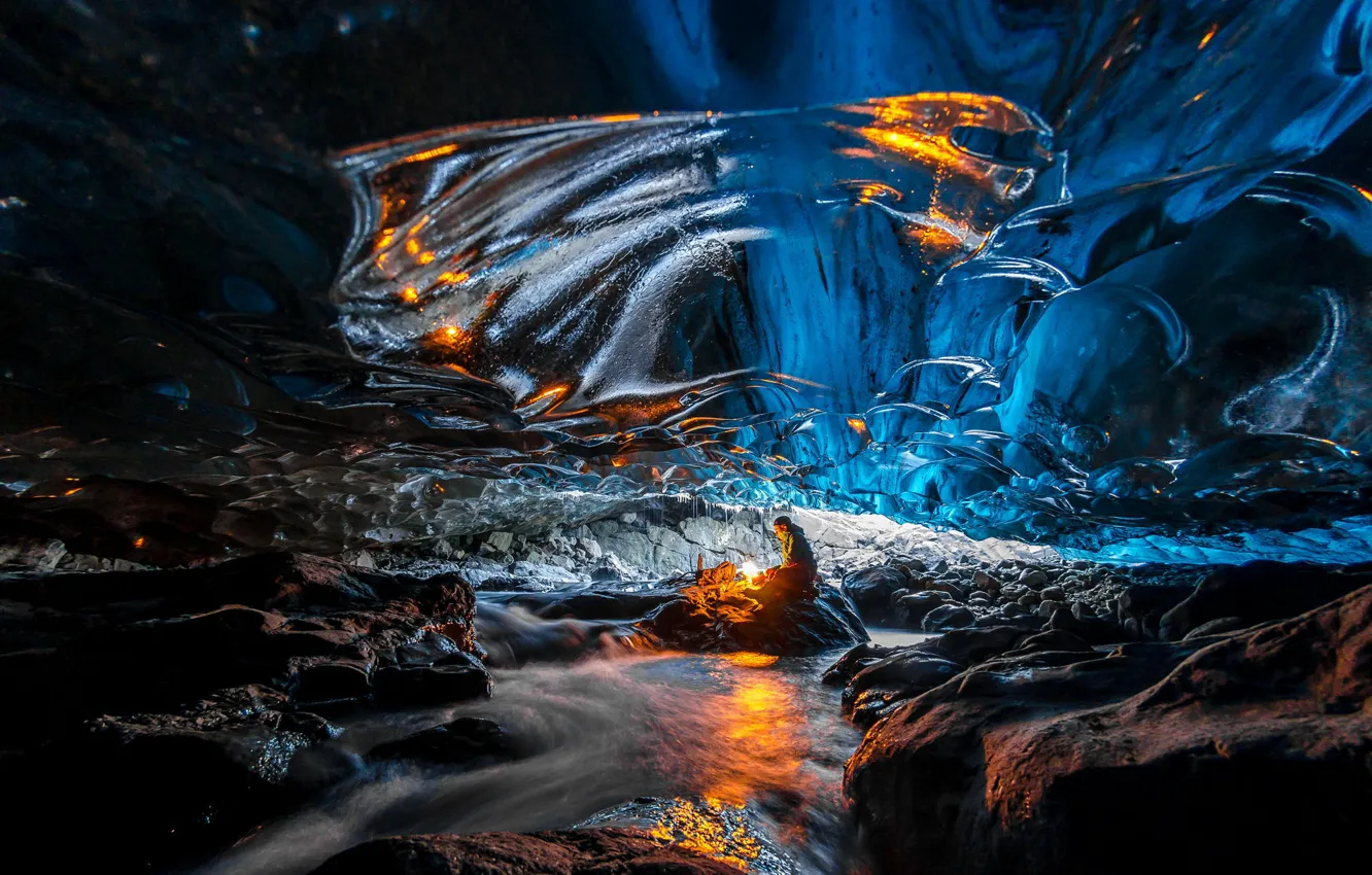 Photo wallpaper ice, lights, cave, celovat