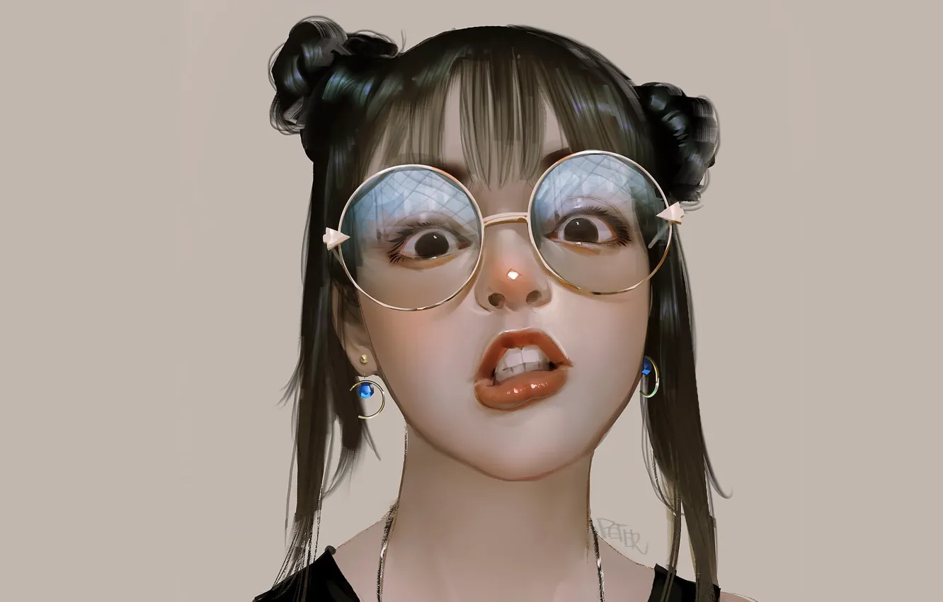 Photo wallpaper face, hairstyle, grey background, earrings, glasses, portrait of a girl, face