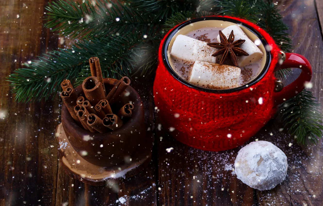 Photo wallpaper snow, New Year, Christmas, Christmas, wood, snow, New Year, cocoa