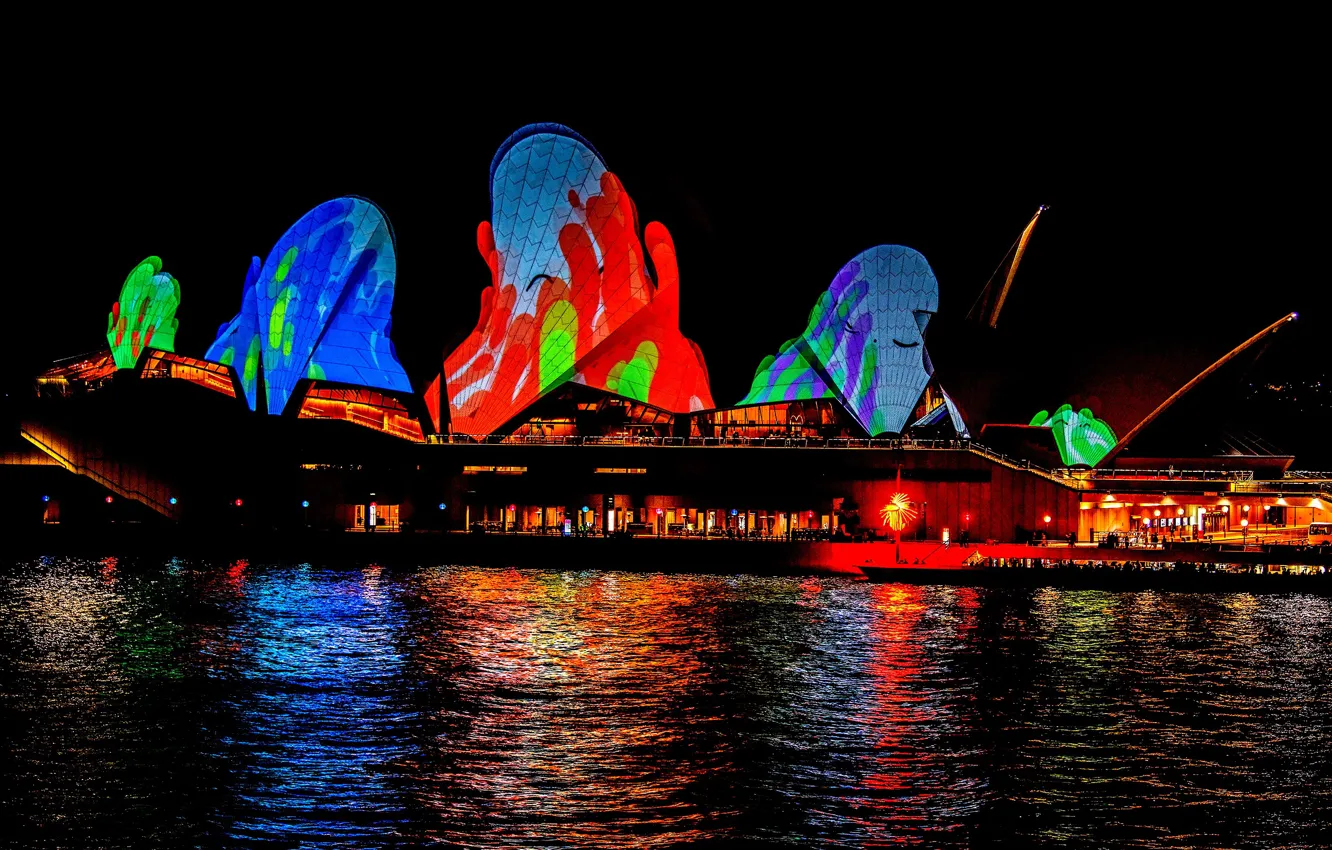 Photo wallpaper light show, show, megapolis, lighting, the night sky, bright colors, the city, sea