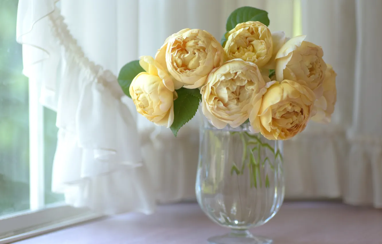 Photo wallpaper flowers, yellow, roses, bouquet, window, curtains, vase, lush