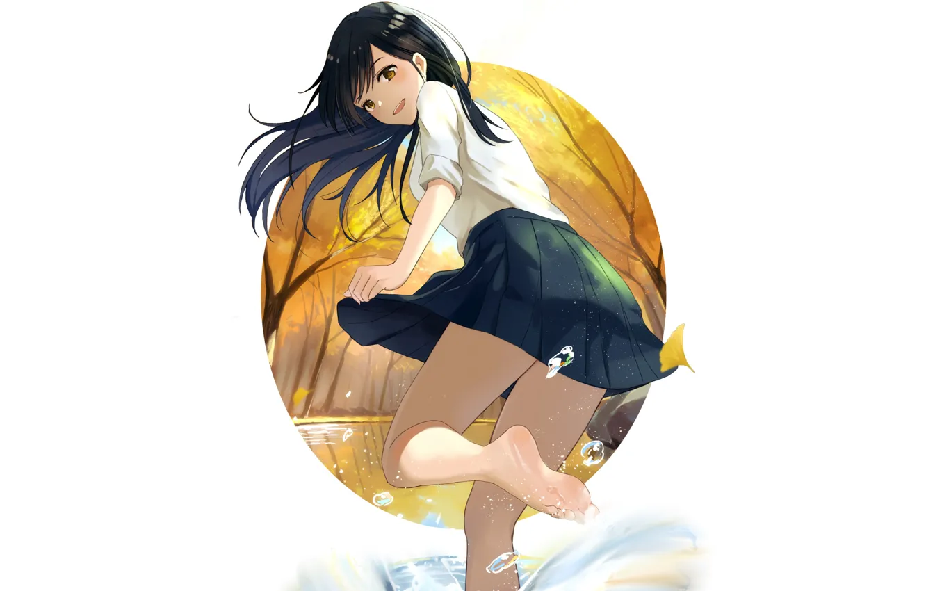 Photo wallpaper girl, school uniform, anime, water, autumn, pretty, splash, cute