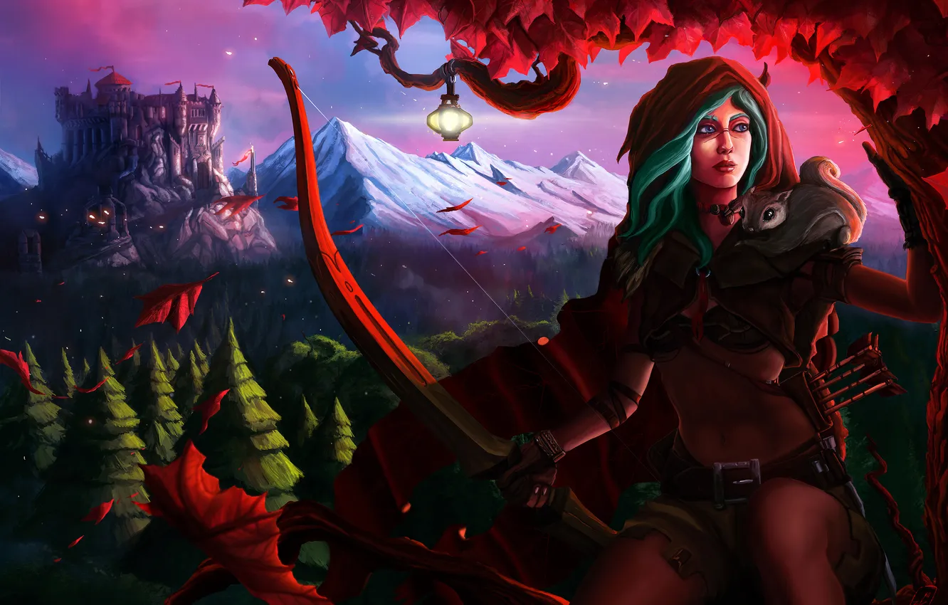 Photo wallpaper the sky, leaves, girl, trees, mountains, castle, bow, Archer