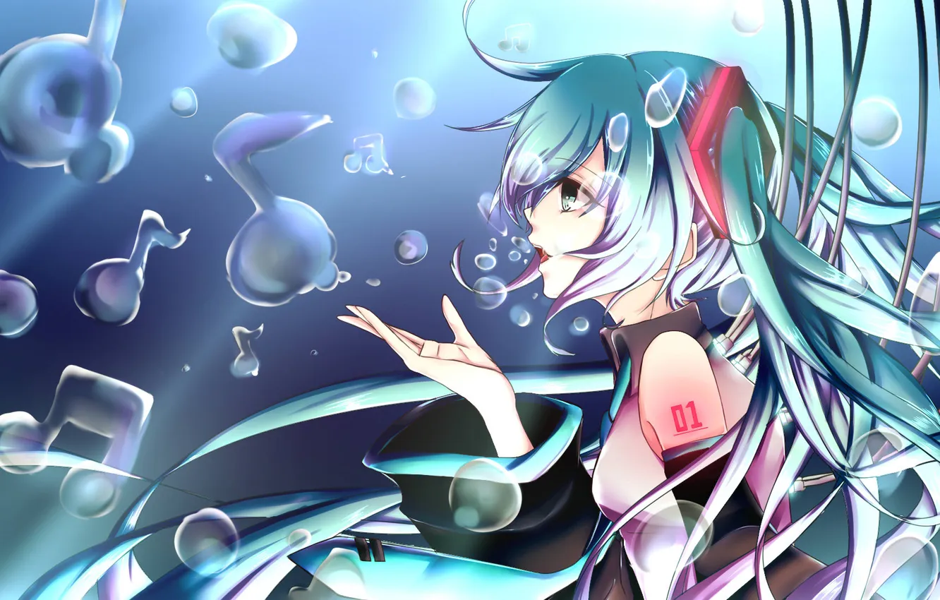 Photo wallpaper water, girl, notes, bubbles, vocaloid, hatsune miku, Vocaloid, art