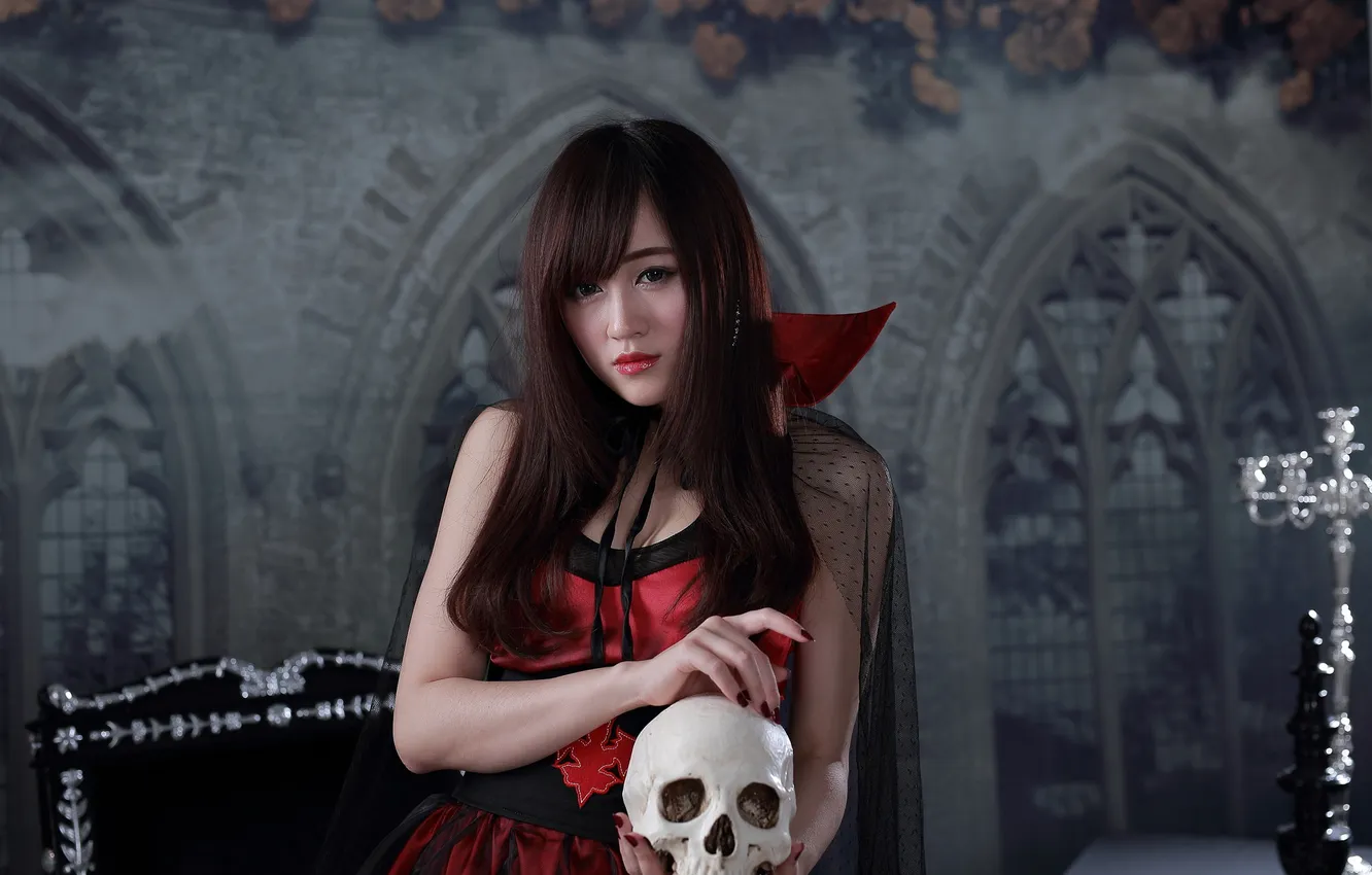 Photo wallpaper look, girl, face, background, hair, skull, Asian