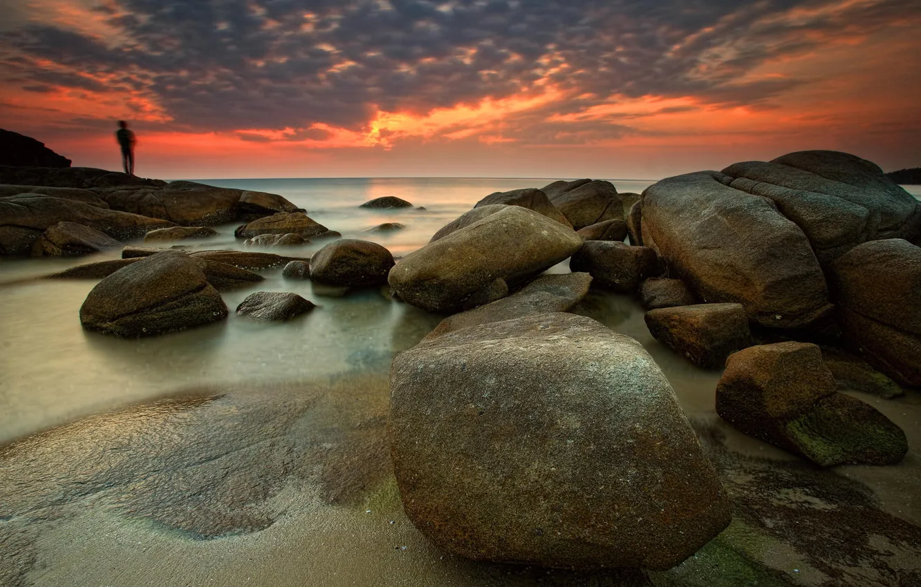 Photo wallpaper beach, landscape, stones, dawn, shore