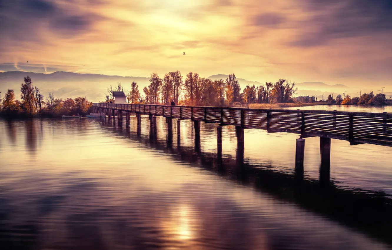 Photo wallpaper river, shore, Crossing the bridge