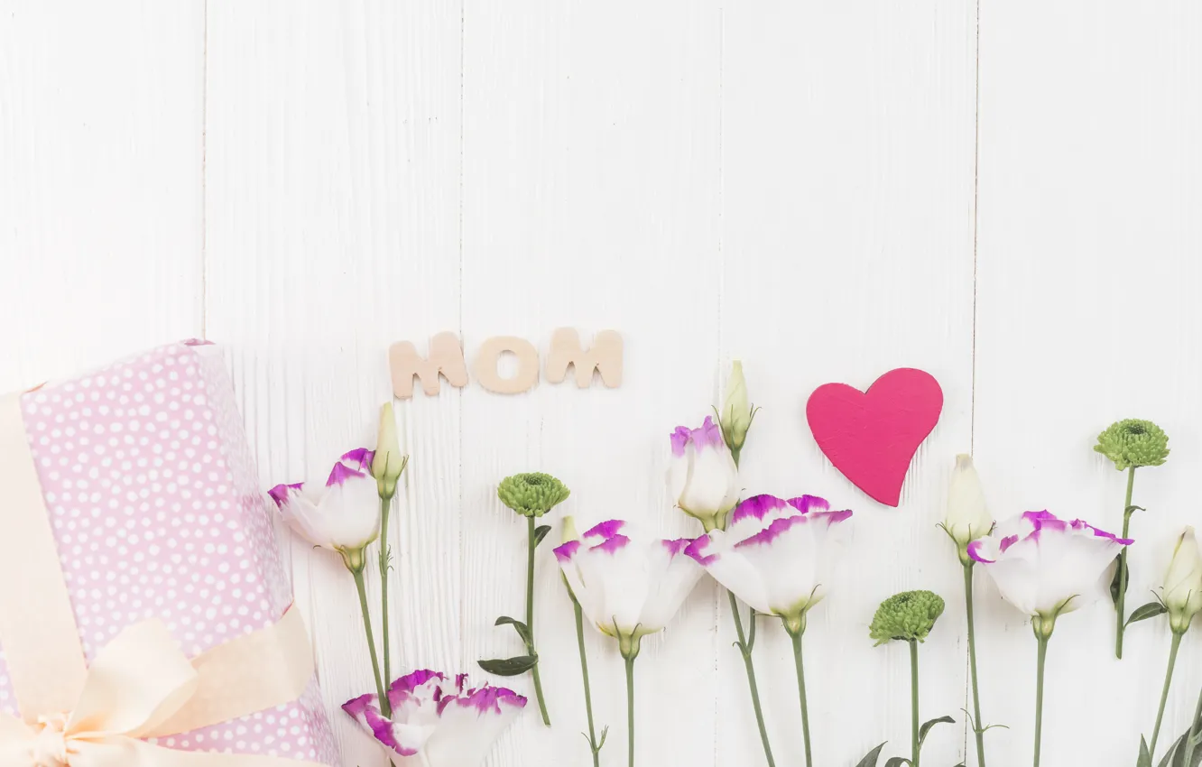 Photo wallpaper gift, bouquet, tape, composition, eustoma, Mother's day