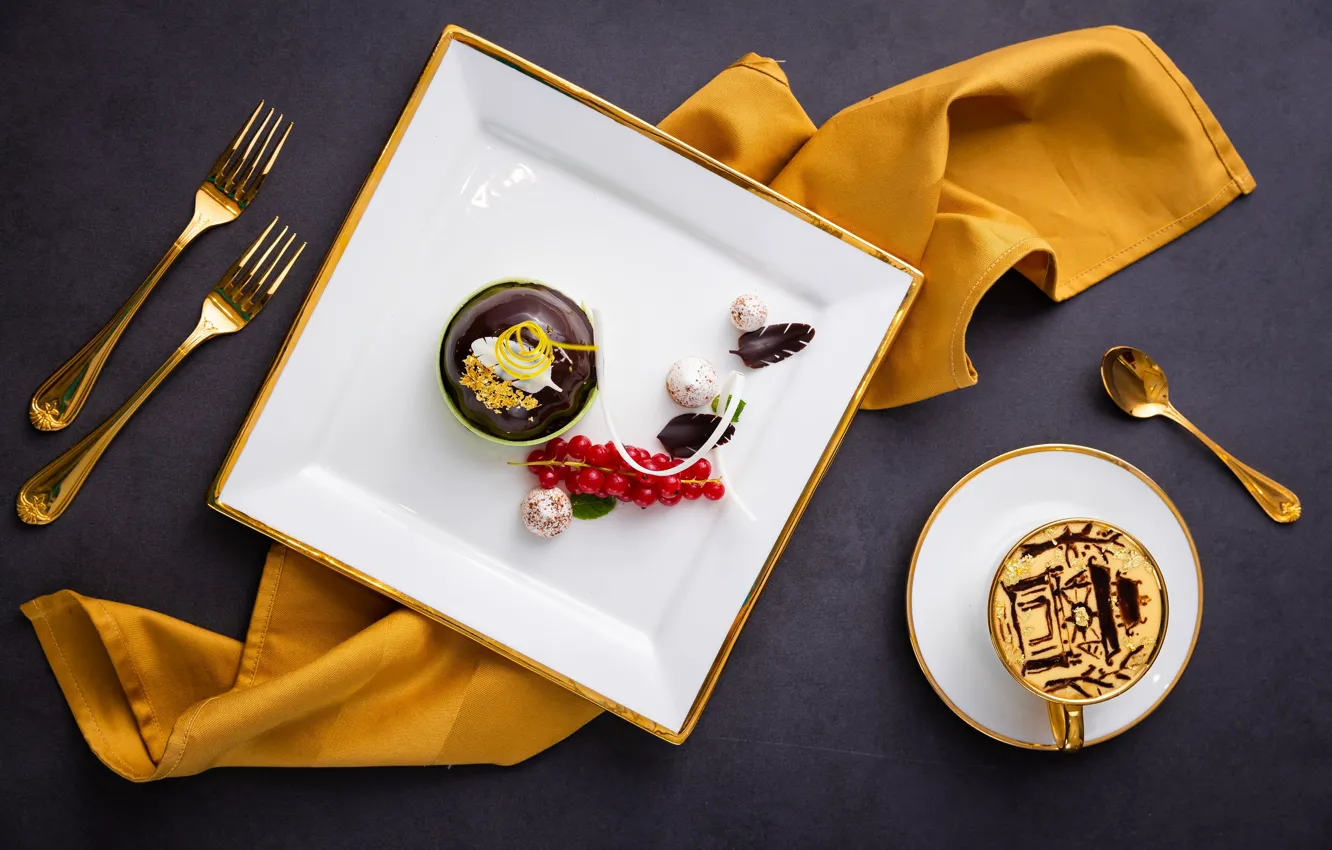 Photo wallpaper coffee, chocolate, plate, spoon, Cup, plug, dessert, currants