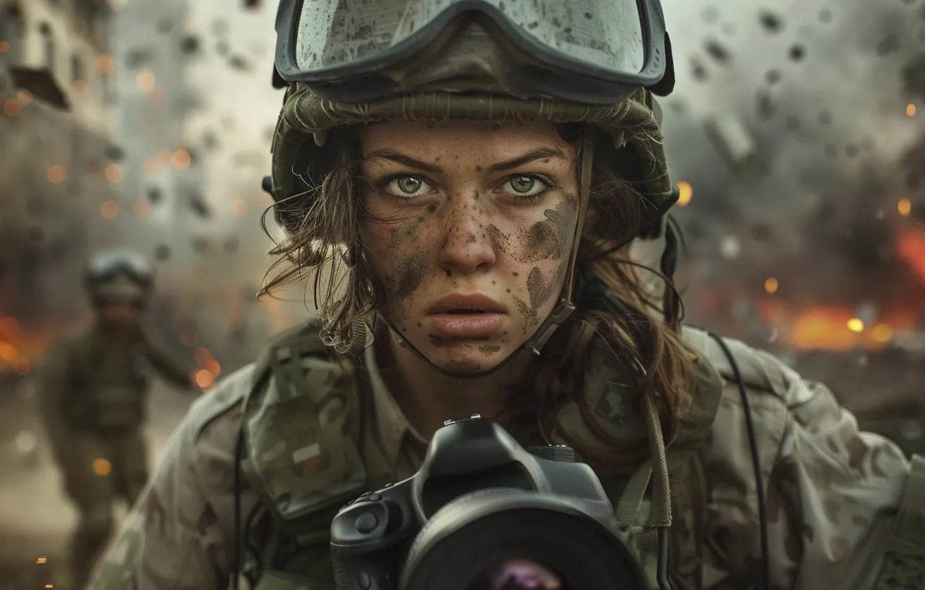 Photo wallpaper look, girl, soldiers, the camera, digital art, AI art, The Art of Artificial Intelligence, War …