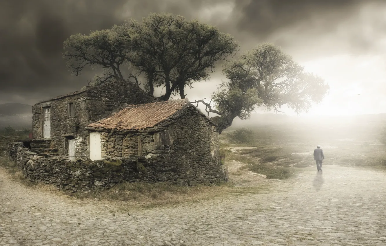 Photo wallpaper house, tree, people, old, I'm leaving