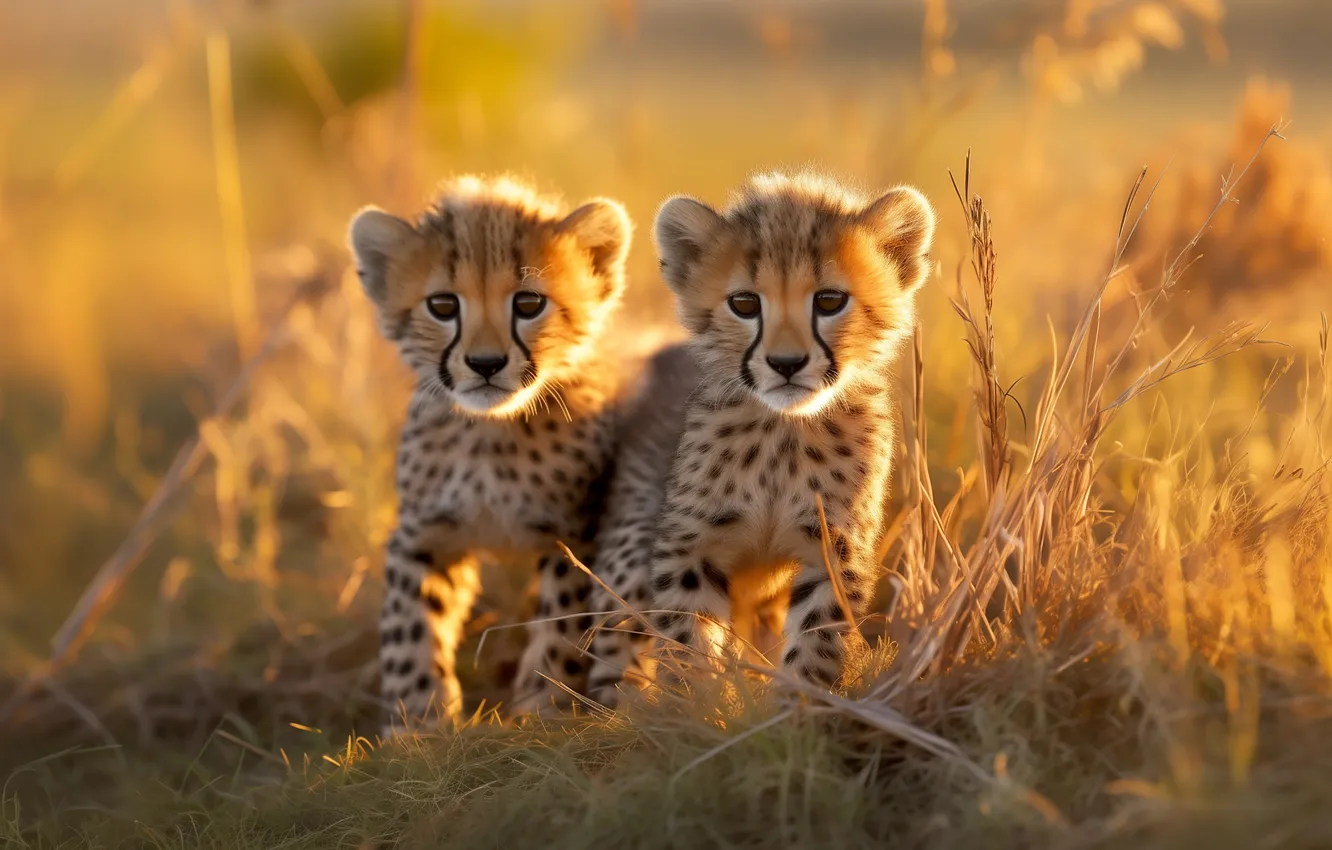 Photo wallpaper field, light, baby, Cheetah, cub, kitty, face, a couple