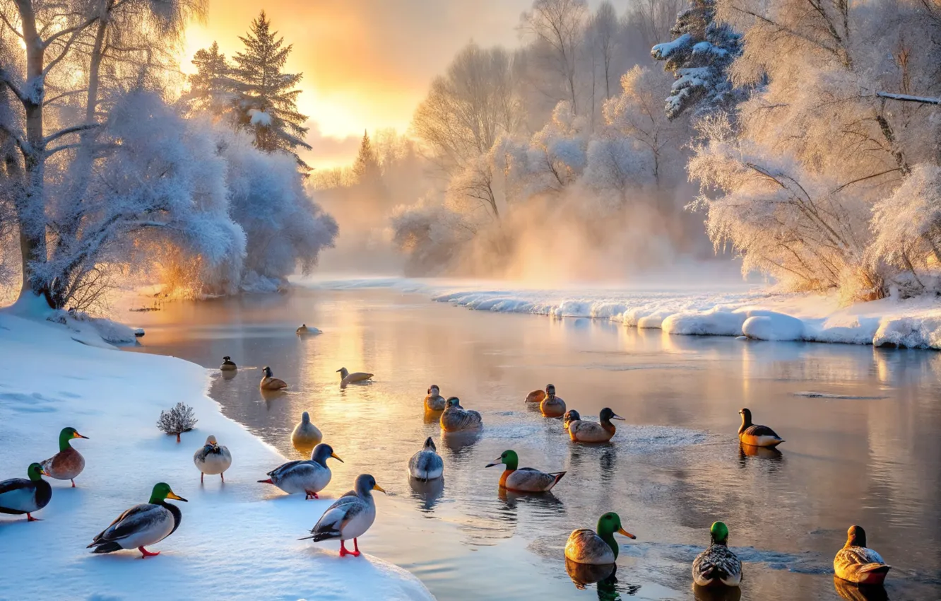 Photo wallpaper winter, forest, the sun, light, snow, nature, fog, river