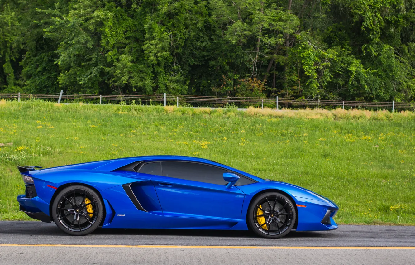 Photo wallpaper Lamborghini, side, blue, view, aventador