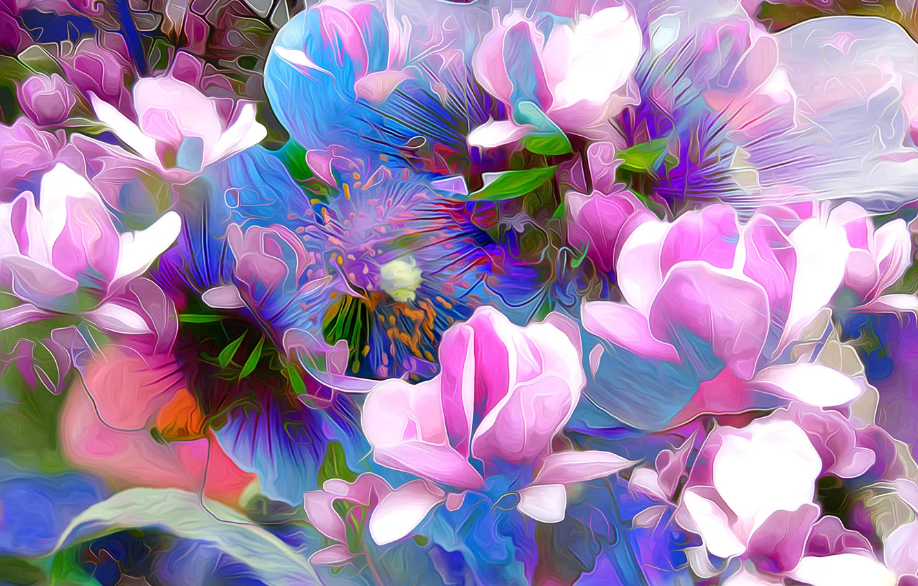 Photo wallpaper line, flowers, abstraction, paint, petals, touch