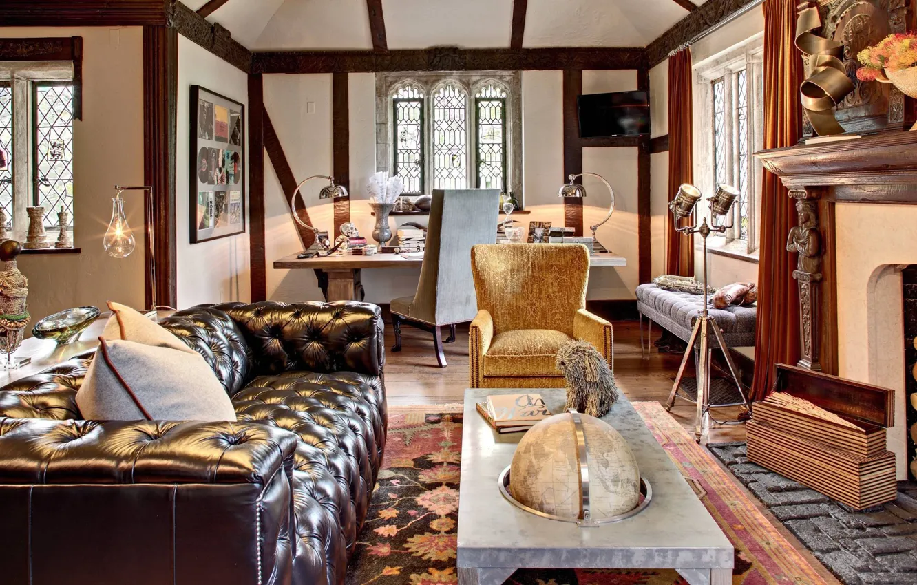 Photo wallpaper design, interior, fireplace, living room, Old mansion, Glynallyn custom leather sofa, by British Home Emporium, …