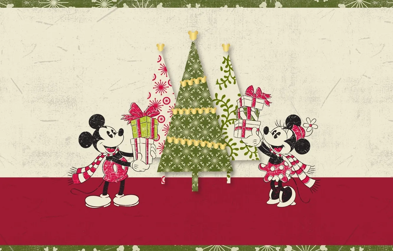 Photo wallpaper tree, Christmas, gifts, Mickey Mouse, Mickey Mouse, Minnie