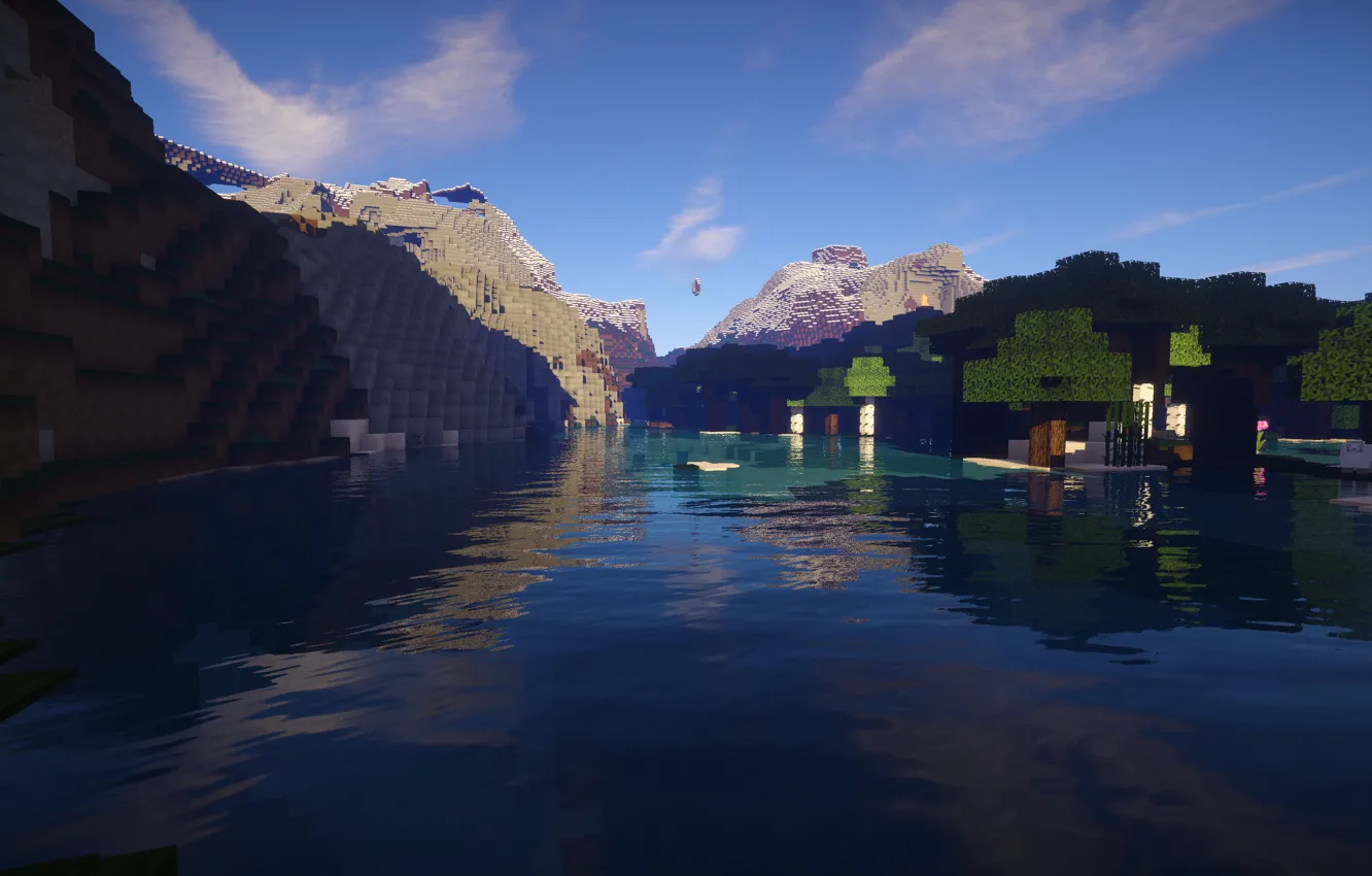 Photo wallpaper The sky, Water, Mountains, Trees, Landscape, Minecraft
