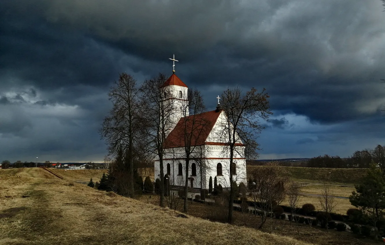 Photo wallpaper the sky, clouds, hills, spring, Church