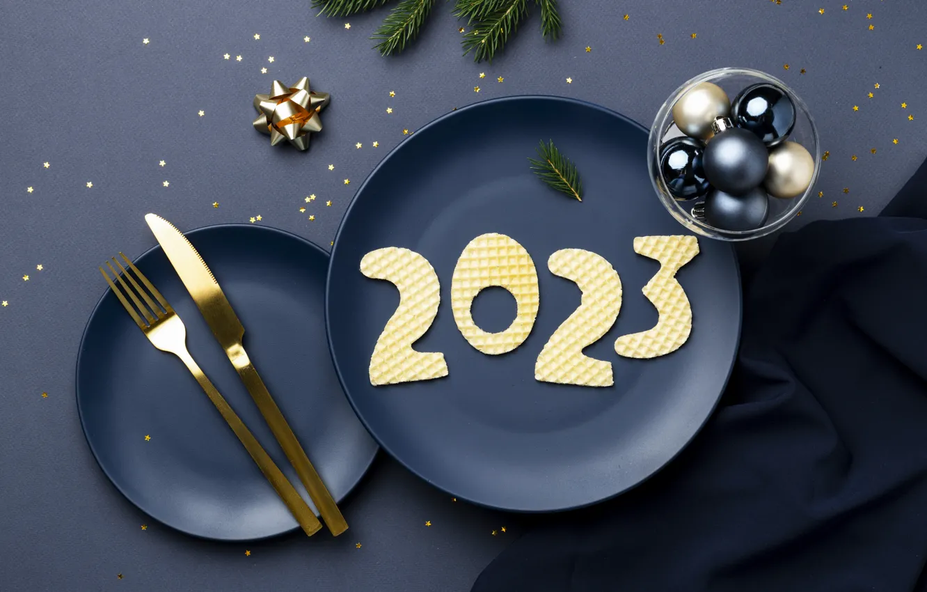 Photo wallpaper balls, blue, holiday, new year, plate, figures, knife, fabric