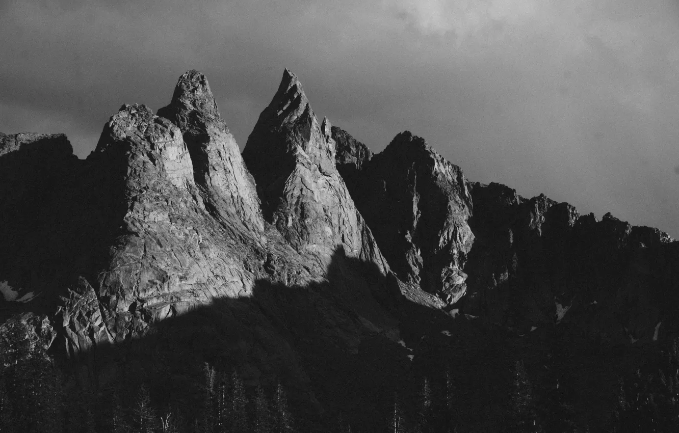 Photo wallpaper the sky, clouds, trees, mountains, clouds, nature, rocks, black & white
