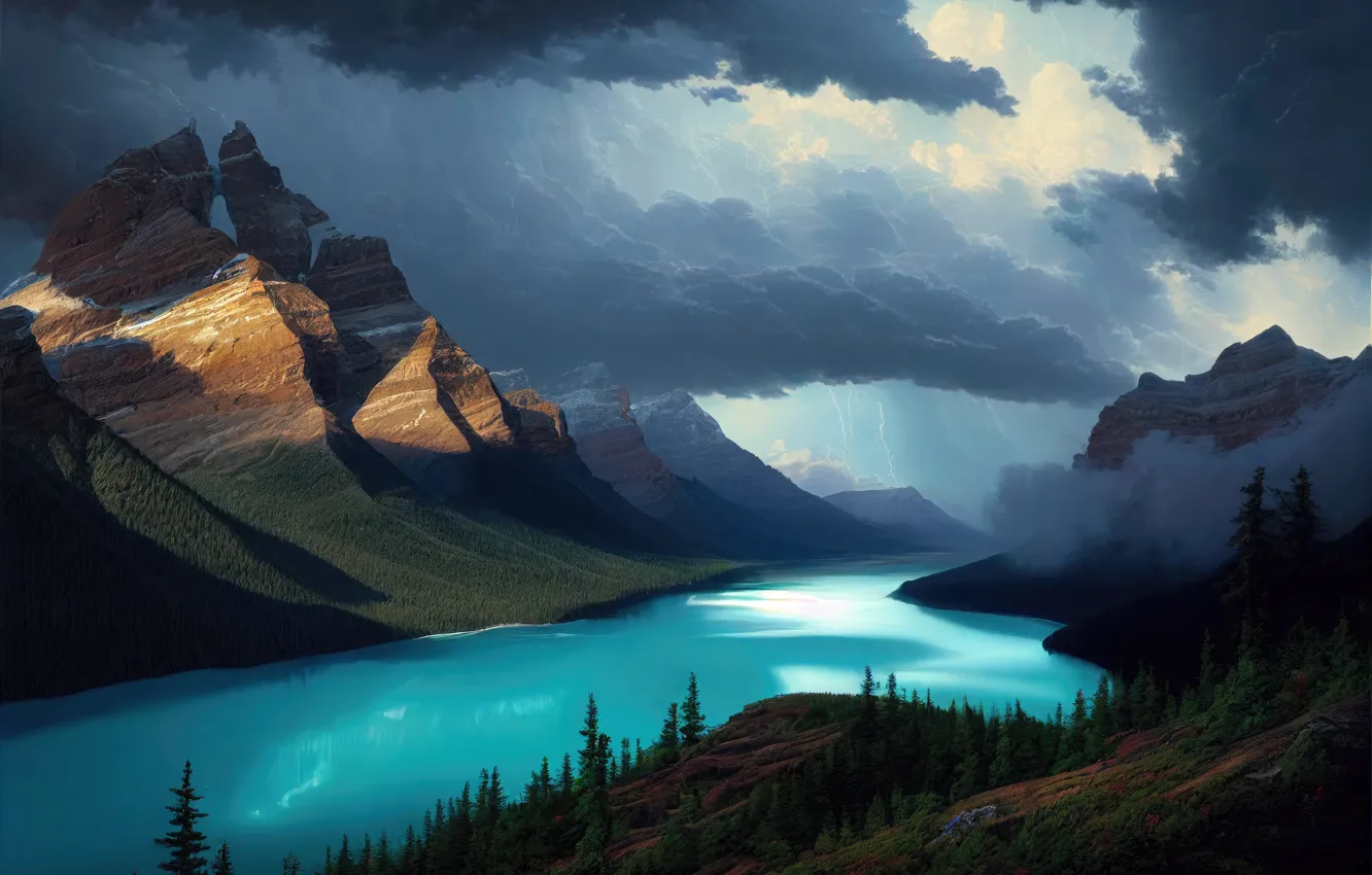 Photo wallpaper the storm, forest, the sky, light, landscape, mountains, clouds, nature