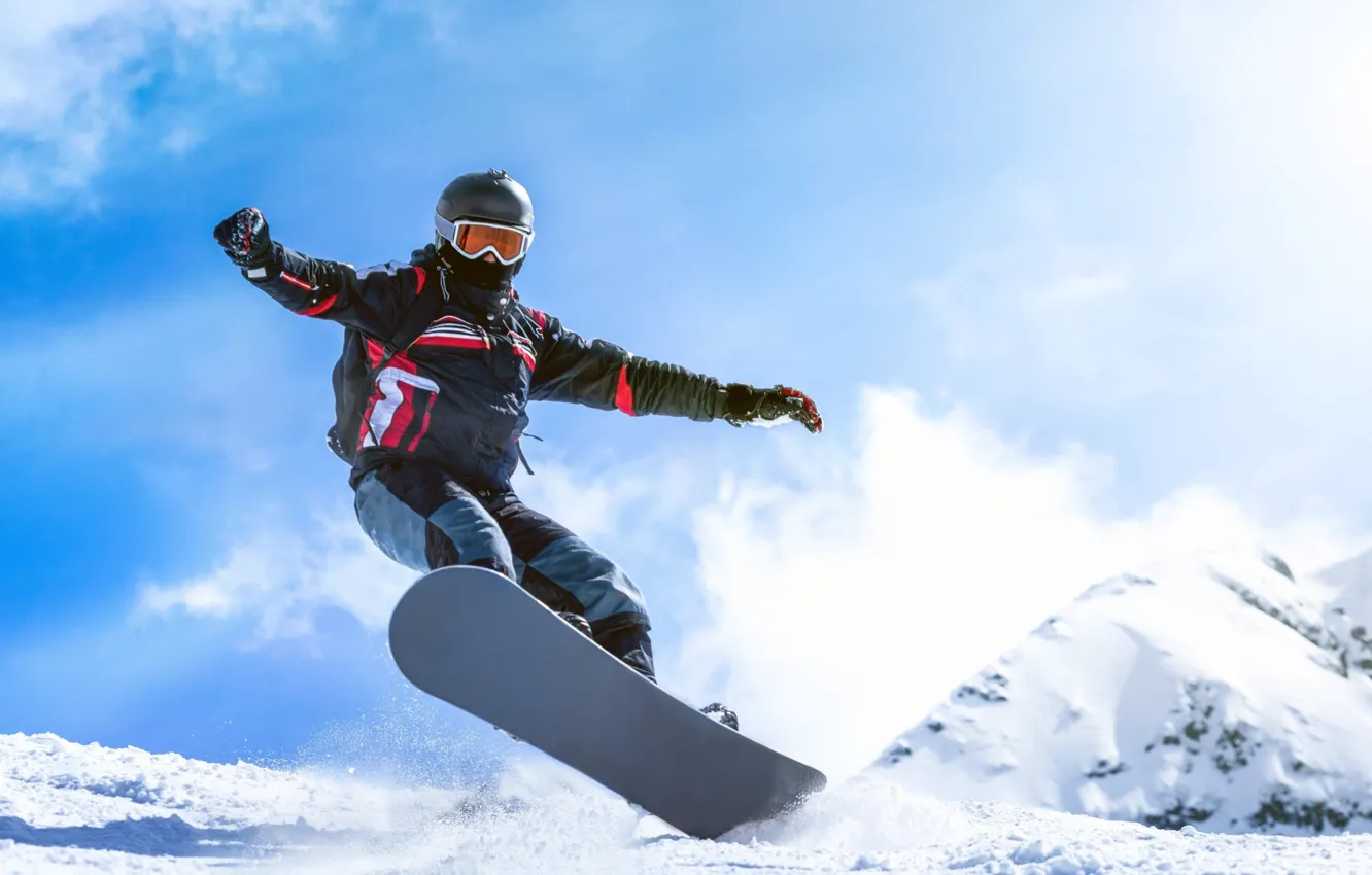 Photo wallpaper the sky, clouds, snow, mountains, jump, snowboard, snowboarding, the descent