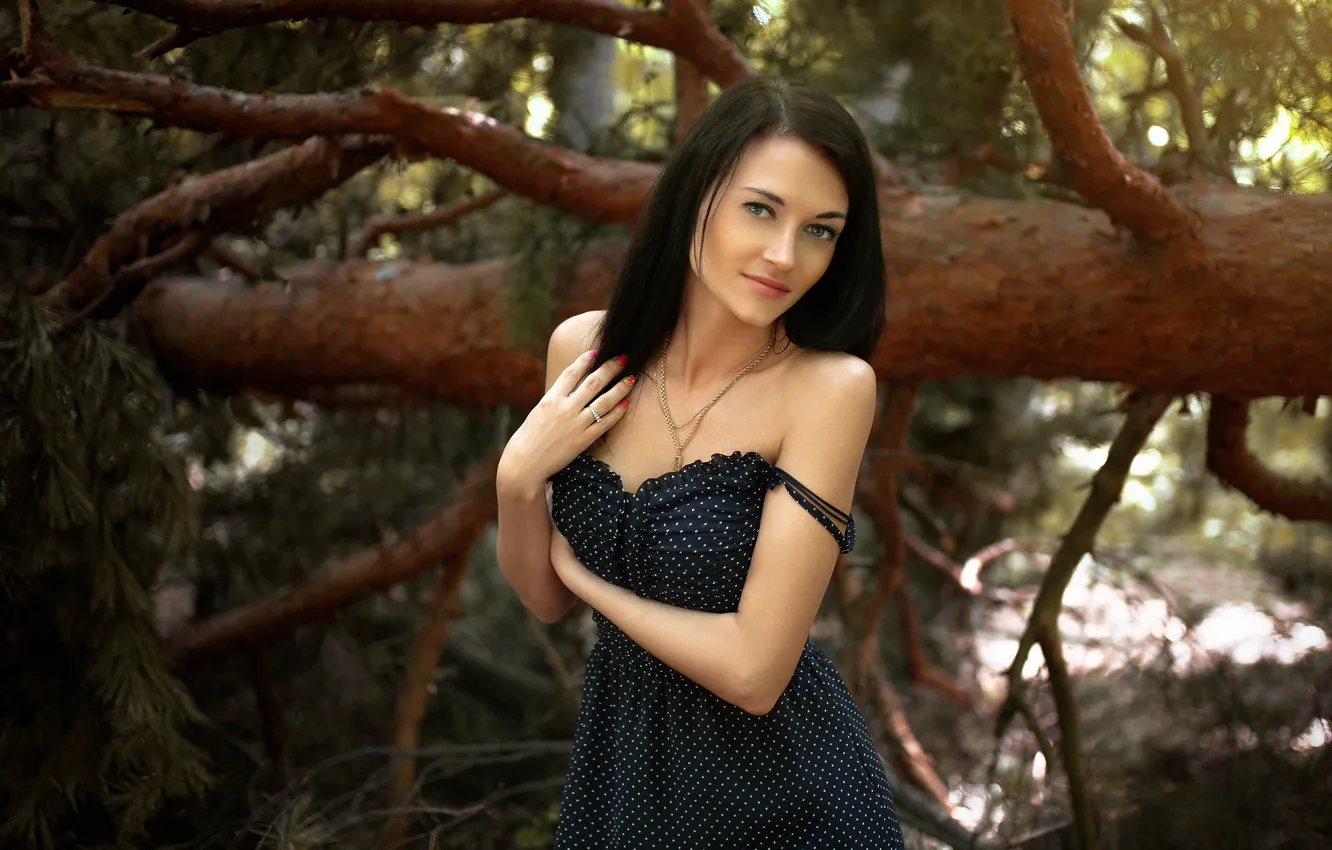 Photo wallpaper dress, trees, nature, model, women, brunette, black dress, polka dots