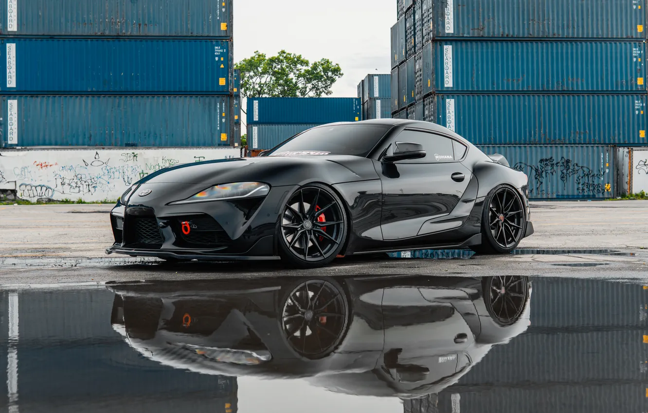 Photo wallpaper Toyota, black, water, Side, Toyota Supra, containers, Supra A90