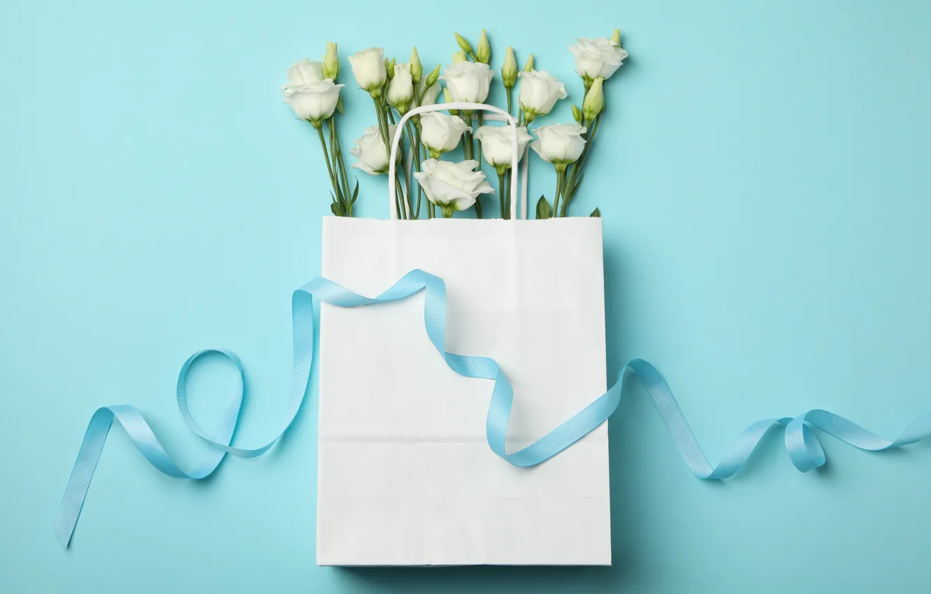 Photo wallpaper flowers, package, white, happy, March 8, flowers, spring, celebration, bag, ribbon, with love, women's day, …