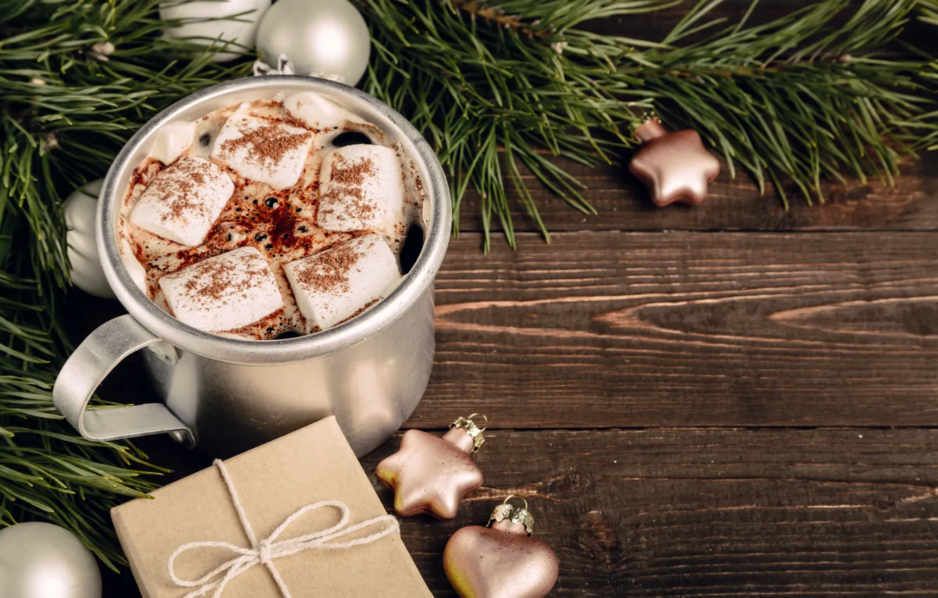 Photo wallpaper decoration, balls, new year, Christmas, mug, Christmas, balls, wood