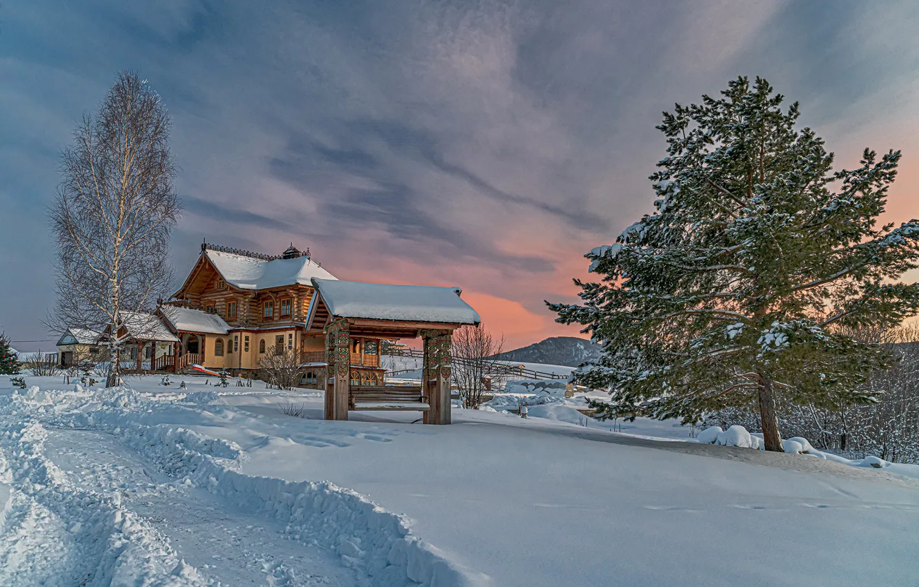 Photo wallpaper winter, snow, landscape, sunset, nature, home, Vyacheslav Biryukov