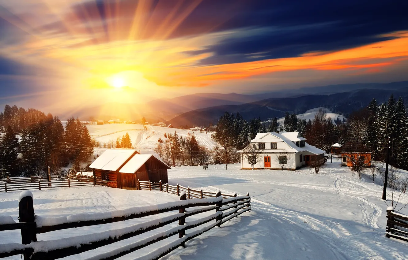 Photo wallpaper winter, snow, landscape, mountains, home, Winter, sunset, mountain