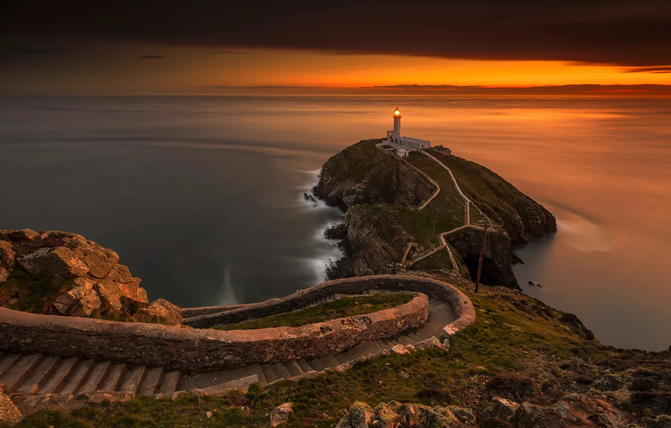 Photo wallpaper sea, the sky, sunset, lighthouse, England, ladder, Wales