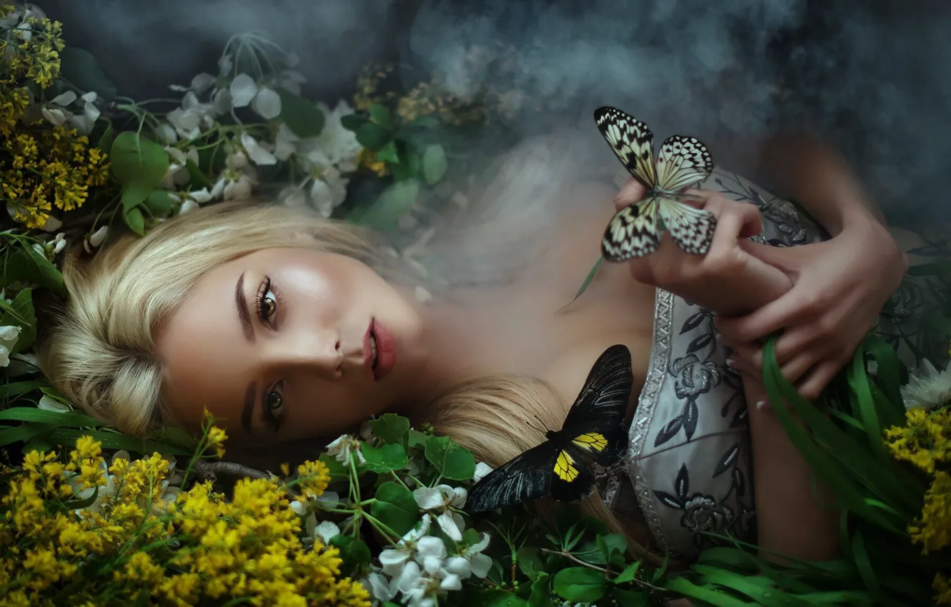 Photo wallpaper smoke, dress, Butterfly, lies, Maria Lipina, Katerina Shiryaeva