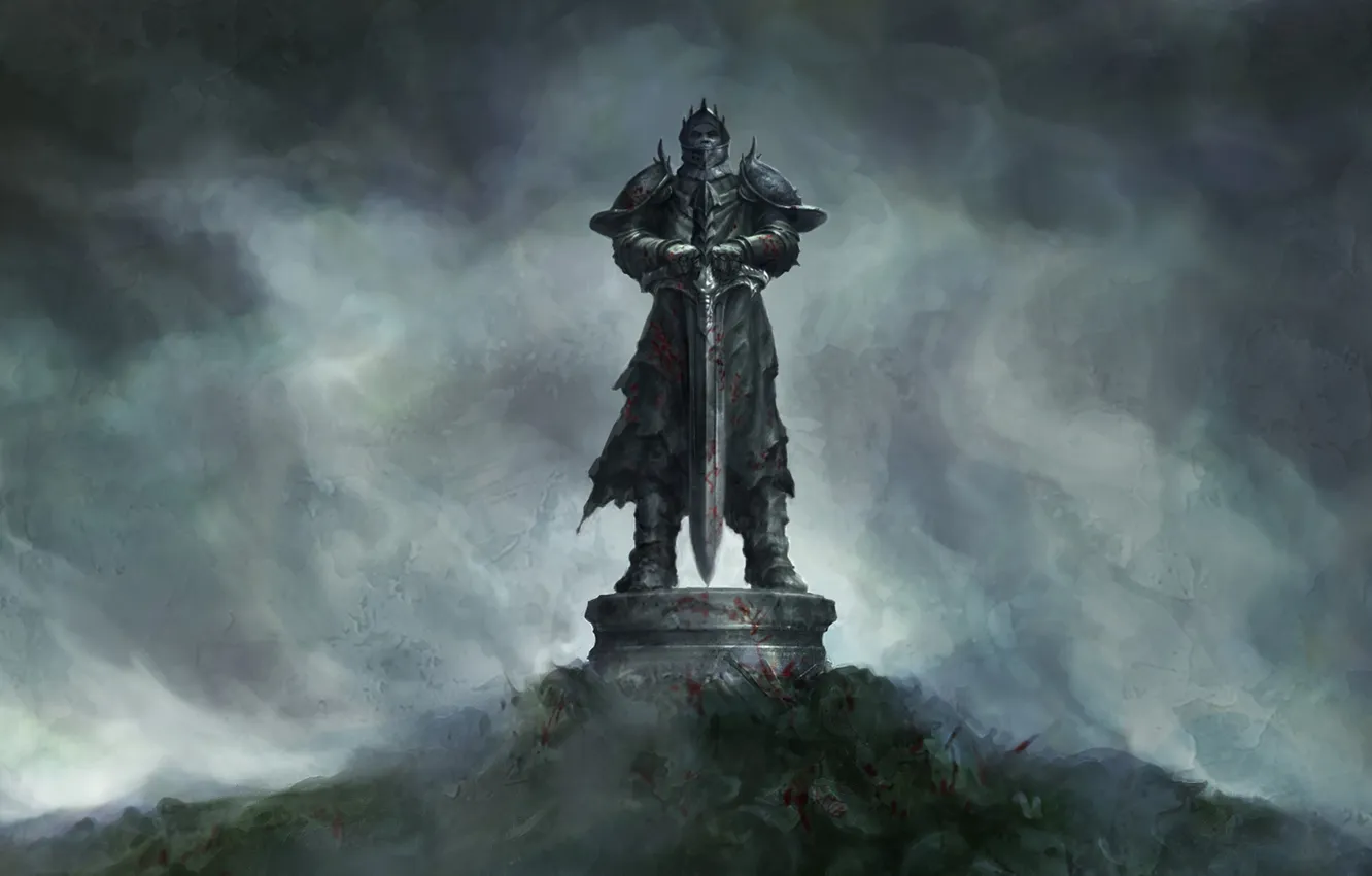 Photo wallpaper fog, blood, sword, warrior, hill, art, statue, King Arthur