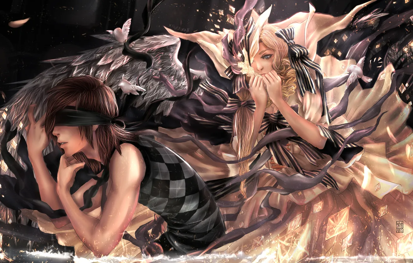 Photo wallpaper girl, search, wings, angel, art, headband, guy, bow